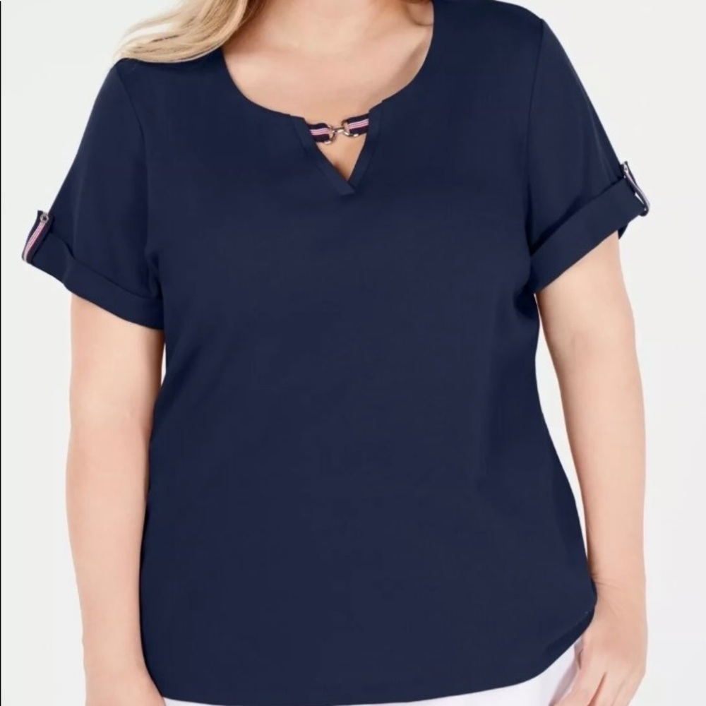 Karen Scott Hardware Ribbon Split Scoop Top Blue